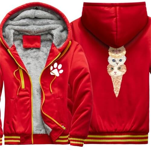Ice Cream Cat Printing Thicken Jackets For Mens Keep Warm Hip Hop Clothing And Hooded Hipster Retro Tops Fashion Winter Homme