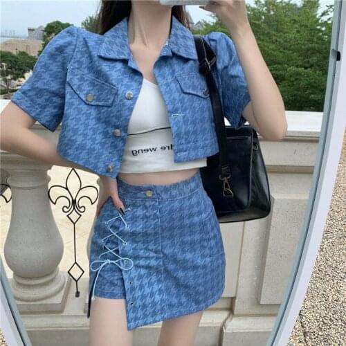 Summer Houndstooth Crop Top Short Jacket + Mini Bodycon Skirts Sets Turn Down Collar Short Sleeve Coat Skirt Suit Korean Chic