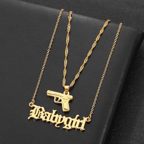 Fashion Gun Pistol Necklace Gold Plated Babygirl Letter Pendant Necklace for Women Men Hip Hop Double Layer Nightclub Jewelry