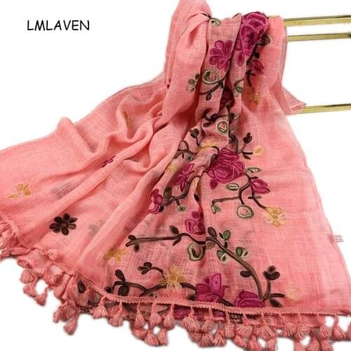 LMLAVEN floral Embroidery hijab soft cotton scarf tassels shawl women muslim hijab bandana pashmina headband wraps 20pcs/lot