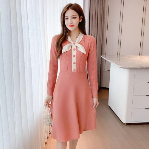 New Autumn Elegant Hit Color Knitted Dress Women Outfits Streetwear Casual A-Line Dresses