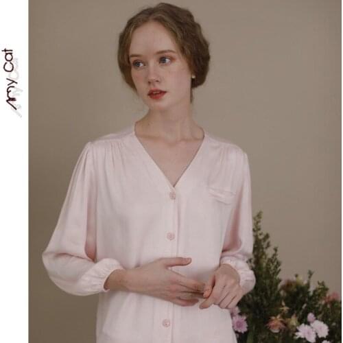 2020 Autumn Satin Fresh Pajamas Women V-neck Solid Color Long-sleeved Trousers Suit Viscose Comfortable Plus Size Home Service