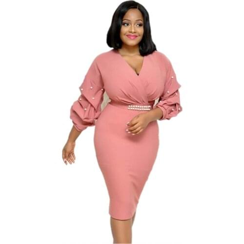 Long Sleeve Pink Pencil Skirt New African Womens Fashion V-Neck Beaded Wave Sleeves High Waist Slim Dress Sexy Mid-Length Dress