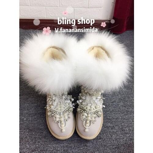 Winter heavy work water drill barrel pearl leather flat bottom real fox wool boots cotton boots