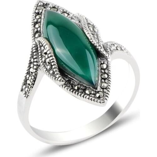 Silver 925 Sterling Green Agate & Marcasite Ring