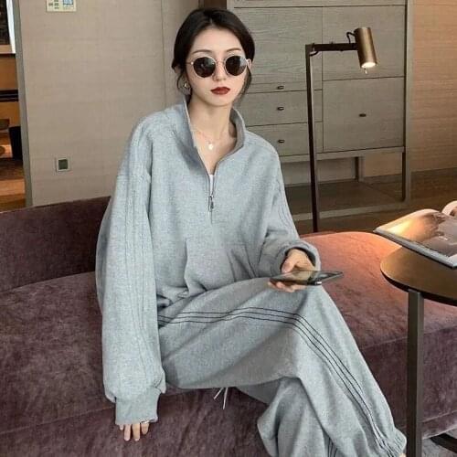 Gray casual suit womens spring and summer new loose and thin Baseball Jacket wide leg pants versatile trend two-piece set