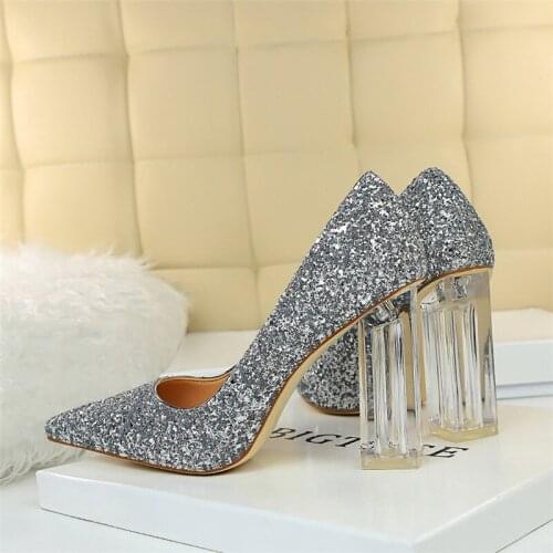 BIGTREE Pointed Toe Shoes Women Pumps 9.5CM Career Square Heels Bling Fashion Work Office Party Shoes Super Big Size 42 43