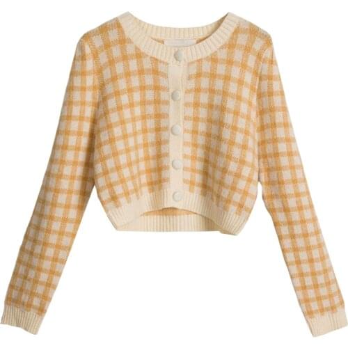 Vintage Plaid Knitted Cardigan Korean Short Knit Women Coat 2020 Autumn Long Sleeve O-neck Sweet Crop Top Sweater
