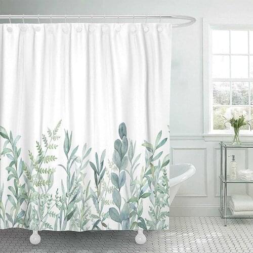 Fabric Shower Curtain Curtains with Hooks Green Eucalyptus Watercolor Floral Pattern Botanical Bouquet Branch Waterproof
