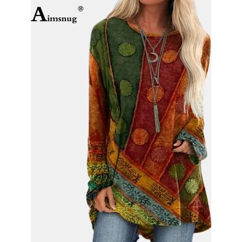 New Patchowrk Long Shirt Elegant Leisure 3D Print Womens Top Vintage 2021 Spring Autumn O-neck Casual Tees Clothing Femme 3XL