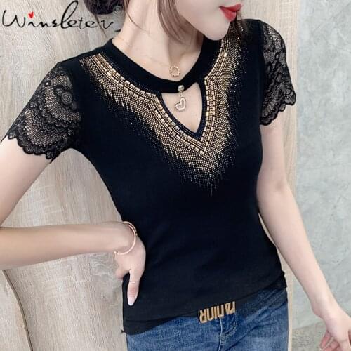 Summer European Style Cotton T-Shirt Fashion Sexy Hollow Out Shiny Diamond Chain Women Tops Casual Slim All Match Tees T13902A
