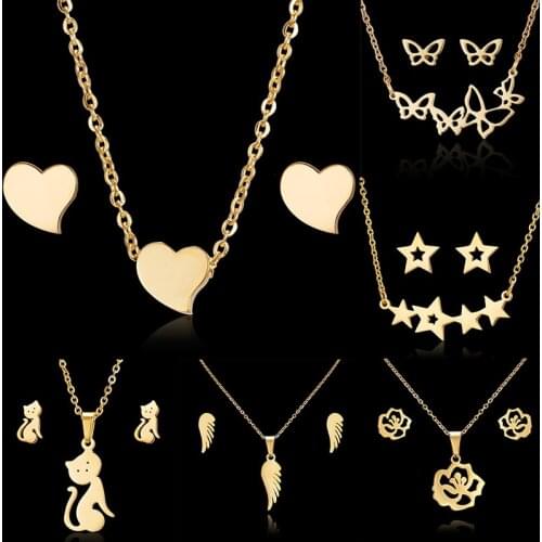 Rinhoo Love Rose Flower Snowflake Butterfly Wing Cat Stainless Steel Sets For Women Coconut Tree Star Pig Necklace Earring Set