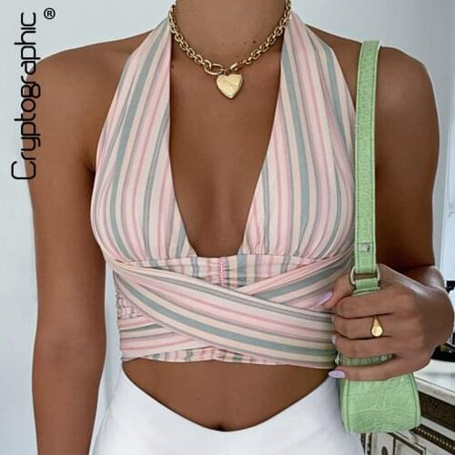 Cryptographic Summer Chic Fashion Striped Sexy Backless Crop Top Women Elegant Sleeveless Halter Bandage Top Cropped Club Party