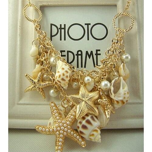 2015 New Fashion Beach Sparkling Shell Starfish Pendants Choker Necklaces Multi Layer Faux Pearl Statement Necklaces For Women