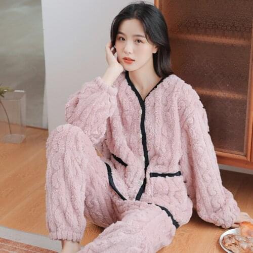 Fdfklak 2Pcs Winter Pajamas Warm New Flannel Thickened Section Sets Cardigan Sleepwear M-XXL Plus Size Home Clothes Suit