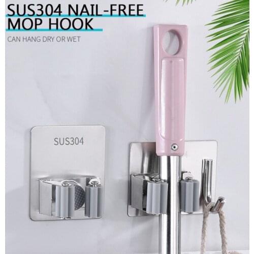1 Pcs 2 In 1 Home Storage Hook Punch-free 304 Stainless Steel To Send Nail-free Glue Wall Hanging Bathroom Balcony Wall Mop Clip