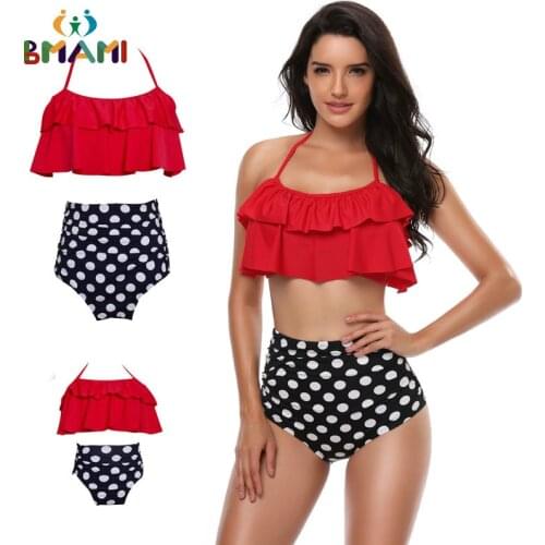 2020 Summer Family Matching Clothes Mother and Daughter Swimsuit Flounce Bikini Polka Dot Tie Wrap Bathing Suit Family Look