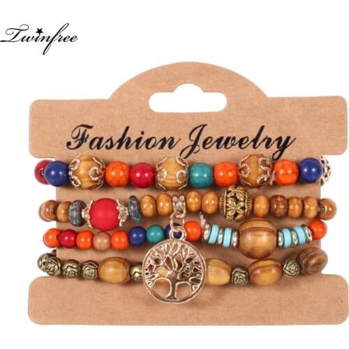 4pcs/set Ethnic Bohemia Wooden Beads Plant Multilayer Bracelets Jewelry For Women Wholesale HY-2774