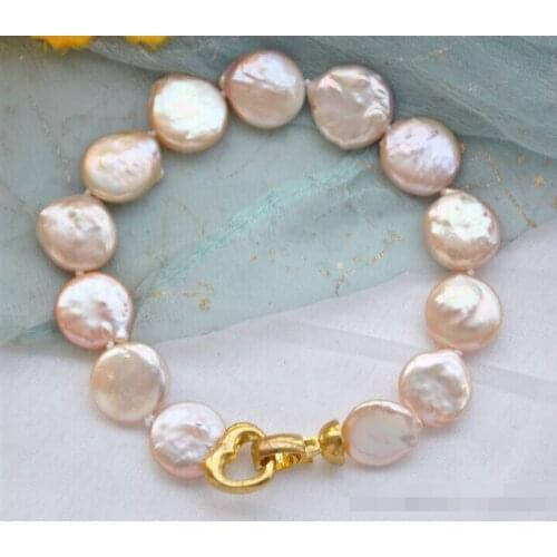 Free shipping Z5574 NATURAL 8" 14mm pink coin freshwater pearl bracelet @^Noble style Natural