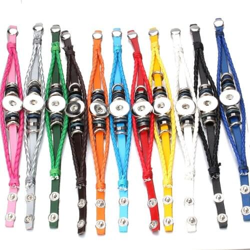 Hot Sale Leather Snap Button Bracelet Bangle With Beads Retro Handmade Braided Leather Bracelet fit 18MM Snap buttons jewelry