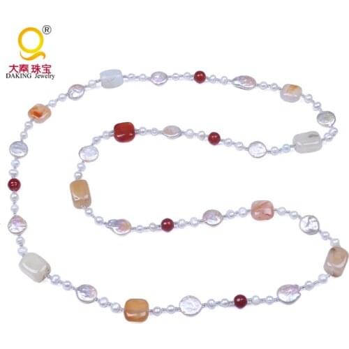 New fashion long necklace stone maxi necklace genuine freshwater pearl and stone necklace jewelry