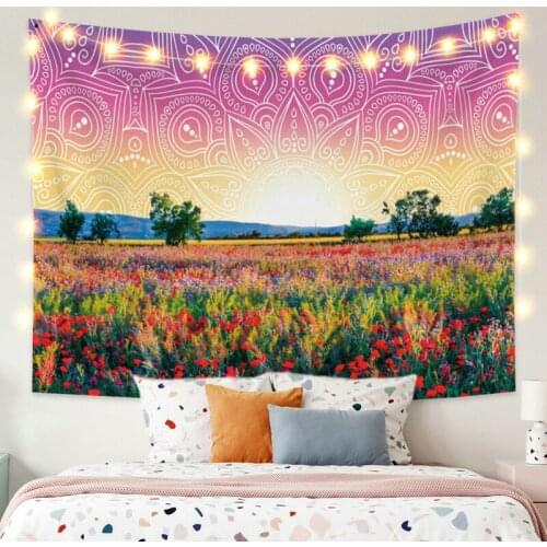 Colorful Flower Sea Landscape Tapestry Vintage Exotic Summer Plant Nature Frame for Bedroom Photography Wall Decor