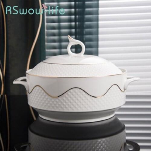 28*9cm Ceramic Soup Bowl 10 Inch Binaural Soup Pot Hand-painted Drawing Gold Hotel Home Soup Pot For Kitchen Supplies