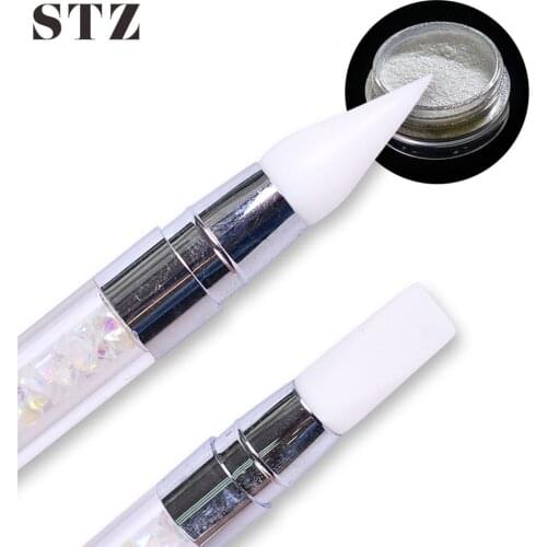 STZ 2 Way Silicone White 3D Carving Emboss Nail Brush Crystal Rhinestones Handle DIY Glitter Powder Nail Art Sculpture Pen #D003