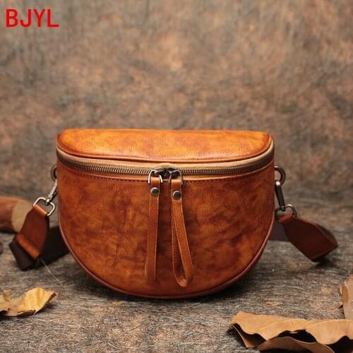 Handmade Leather Belt Bag Womens Pockets Semi-circular Leather Cross-body Chest Bag Ladies Wild Saddle Bags Niche Design Retro