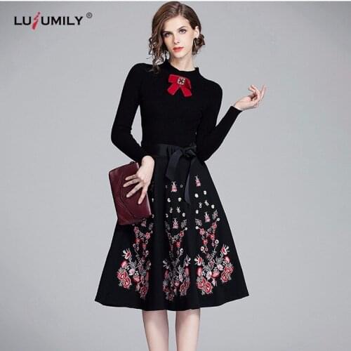 Lusumily Women Elegant Embroidery Dress Spring Autumn High Quality O Neck Long Sleeve Casual Office Party Dresses Robe Vestidos