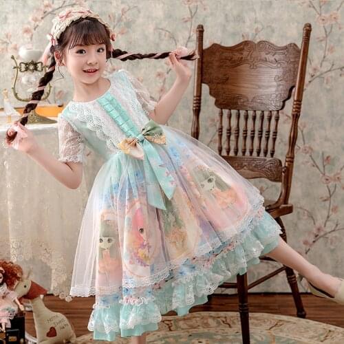 Girls Kawaii Sweet Cute Princess Lolita Dress Kids Summer Vintage Printed Patterns Lace Pink Blue Skirt And Headband Suit