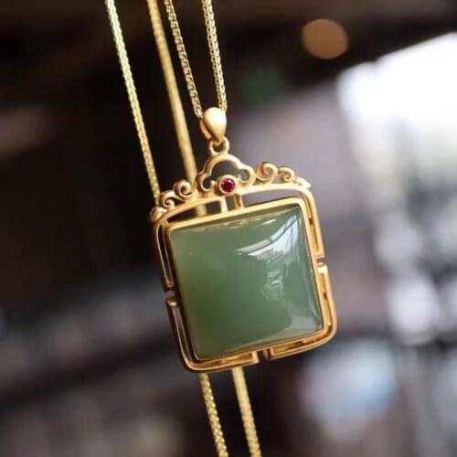 New Natural Hetian Lucky Pendant Sweater Chain S925 Sterling Silver Inlaid Ancient Gold Craft Long-Lasting Color Preservation