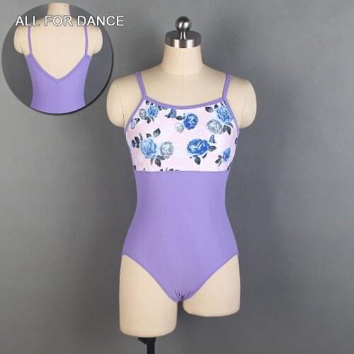 All For Dance 2019 New Lilac Cotton Lycra Ballet Dance Leotard With Floral Printed Adult Camisole Ballet Dance Wear