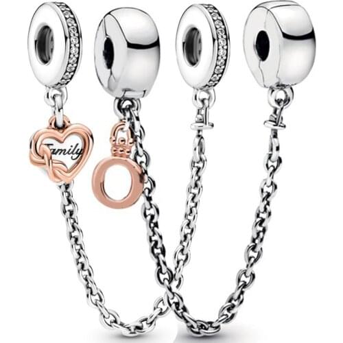 Original Rose Dangling Crown O Bowknot Family Heart Safety Chain Bead 925 Sterling Silver Charm Fit Europe Bracelet Diy Jewelry