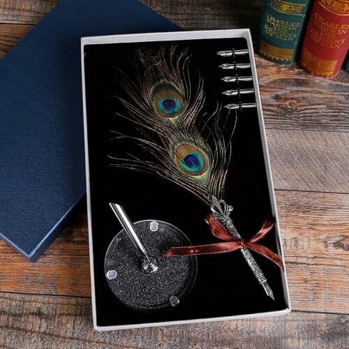 Feather Quill Metal Nib Dip Pen Writing Ink Set Gift Box Stationery Antique Fountain Pen Wedding Gifts