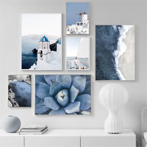 Blue Ocean Poster Beach Wave Landscape Wall Art Canvas Painting Cactus Print Italy Style Wall Pictures Living Room Home Decor