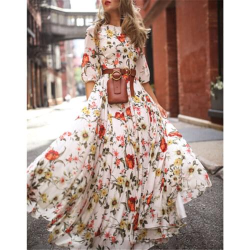 Women Boho Floral Long Dress Summer Beach Sundress Lady Flowers Puff Sleeve Pleated Dress Half Sleeve High Waist Women Dress