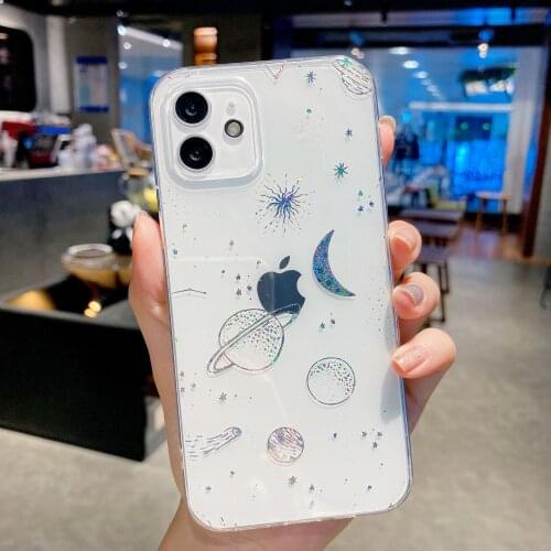 Glitter Sequins Stars Planet Phone for iPhone 12 11 Pro Max XS Max X XR 7 8 Plus 12pro Clear Cute Moon Soft Tpu Shockproof Case