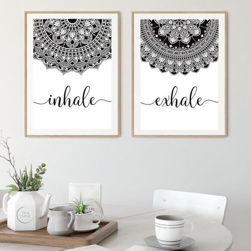Self-adhesive Wall Sticker Black White Exhale Inhale Mandala Mindfulness Zen Wall Art Print Poster Yoga Living Room Home Decor
