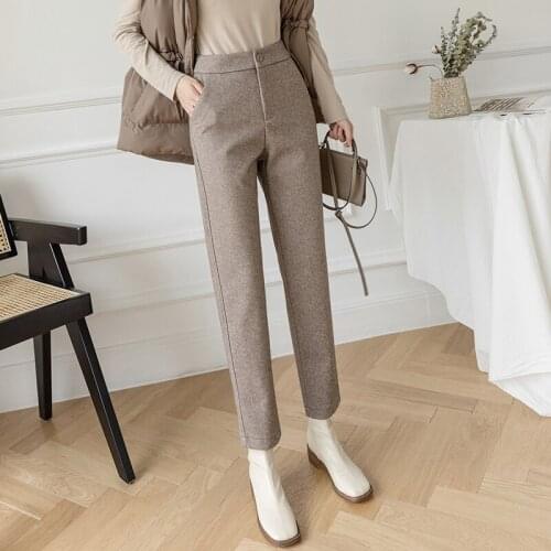 Woolen Pants Women Harem Pants 2021 Autumn Winter High Waisted Casual Suit Pants Office Lady Women Trousers