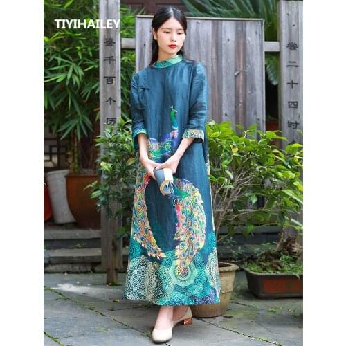 TIYIHAILEY Free Shipping Vintage Women Long Maxi Three Quarter Linen Cotton Chinese Style Spring Autumn Dress Cheongsam Peacock