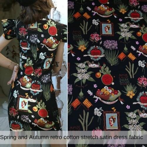 Retro Cotton Spandex Stretch Satin Fabric Shirt Cheongsam Diy Holiday Dress Printed Cloth Fabrics for Sewing Material