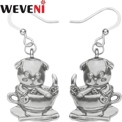 WEVENI Alloy Antique Gold Plated Cup Cute Dog Earrings Big Anime Animal Dangle Drop Jewelry For Women Girls Kids Gift Charms