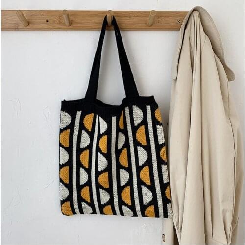 Japanese College Style Women Retro Diamond Wool Knitted Handbag Simple Casual Large Capacity Student Satchel Shoulder Tote Bag