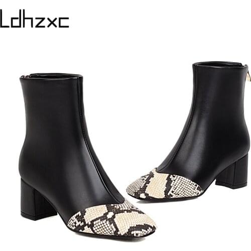 LDHZXC 2020 winter Ankle Boots Women high Heels Female snow boots Shoes Black Round Toe Ladies Shoes Big Size 34-46 Autumn
