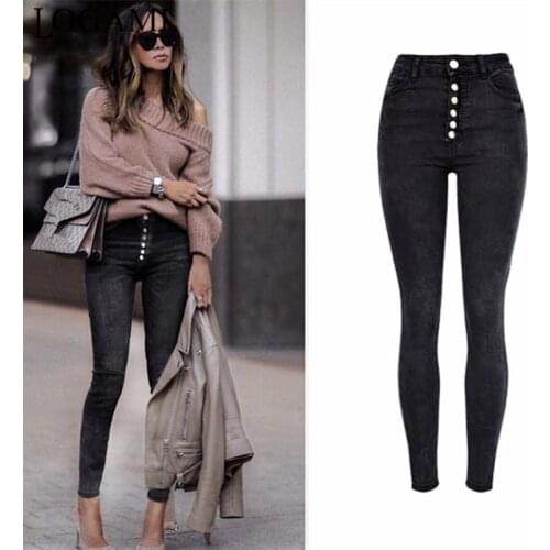 LOGAMI Autumn Winter Womens Stretch Jeans Button Denim Pants High Waist Skinny Jeans Black
