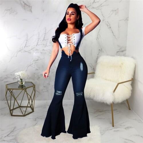 Hole High Waist Flared Jeans Overalls Women 2021 New Cotton Dark Blue Stretch Slim Denim Wide Leg Pants Office Lady Denim Pants