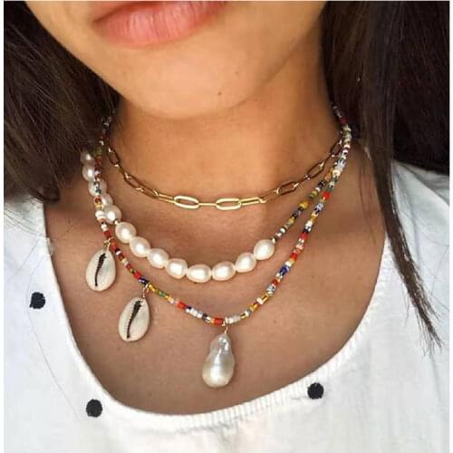 Bohemian summer fashion Holiday Beach color pearl shell special shape pearl womens Pendant Necklace manufacturer wholesale