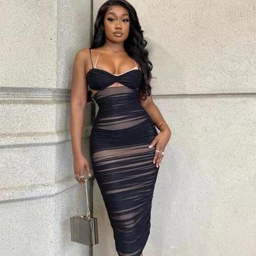 Tinastyle Black Spaghetti Strap Sexy Ruched Mesh Dress Women Hollow Out Backless Summer Dresses Casual Party Clubwear Vestidos