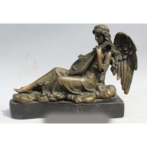 7"Western Art sculpture Bronze Marble Women Bell Angell Playing Pipa Statue